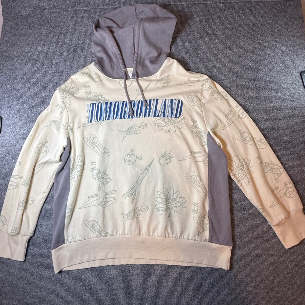 Disney Parks Tomorrowland Hoodie Mens XL Cream Grey Retro Space Rocket AOP